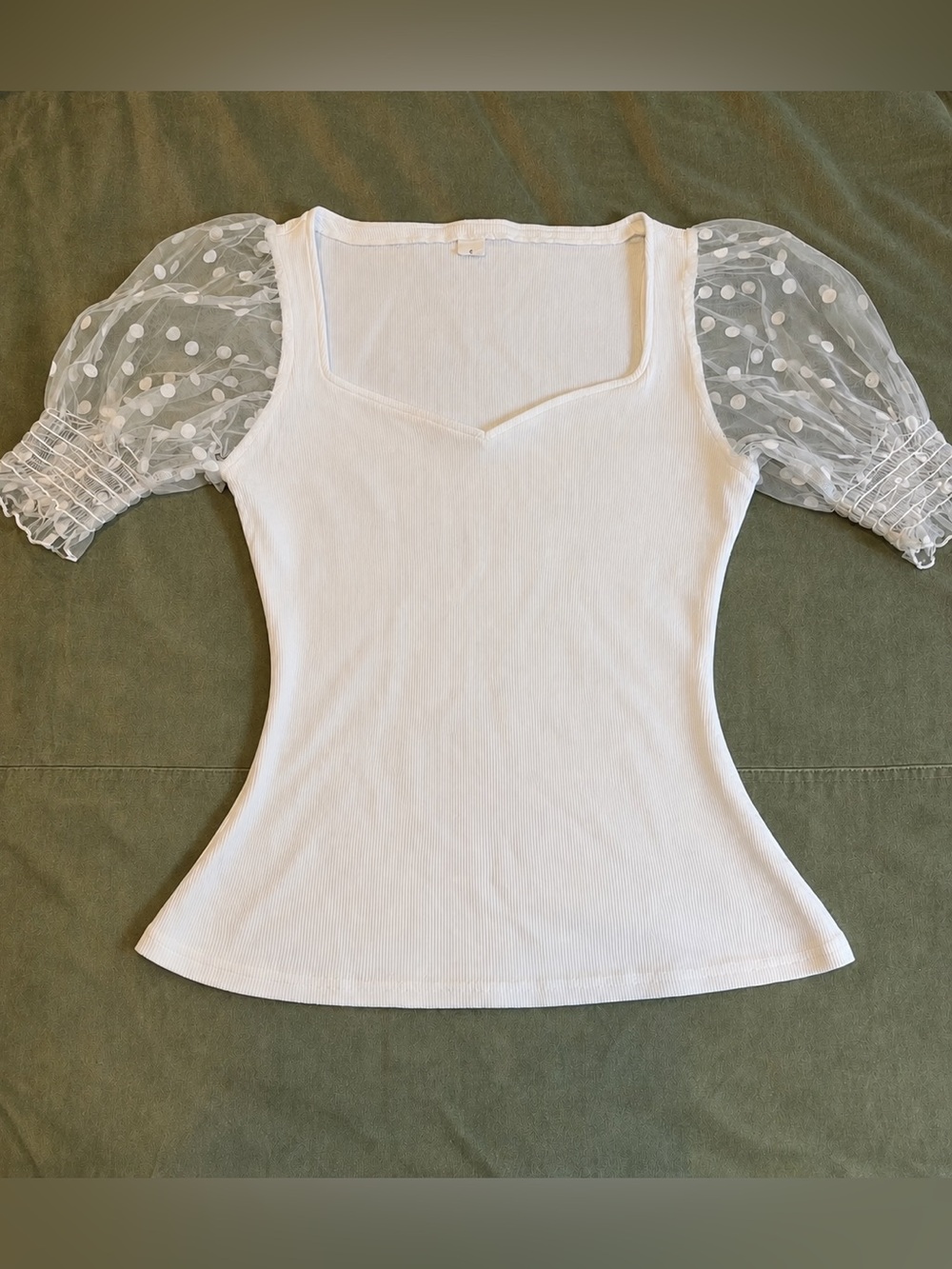 White mesh tulle polka dot Puff Sleeve sweetheart Neck Women's Top